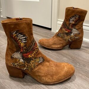 Marco Delli Embroidered Eagle Suede Cognac Round Toe Booties Heeled Boots